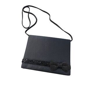 Beaded Bow Flap Front Cocktail Purse Shoulder Bag Snap Front Black Embellished
